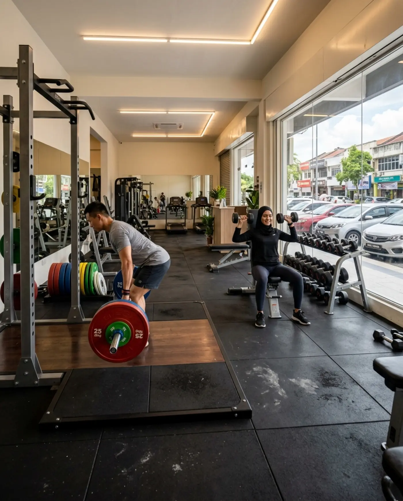 Lantai gim FitZone PJ: platform angkat berat, rak dumbel dan tingkap kedai menghadap SS2