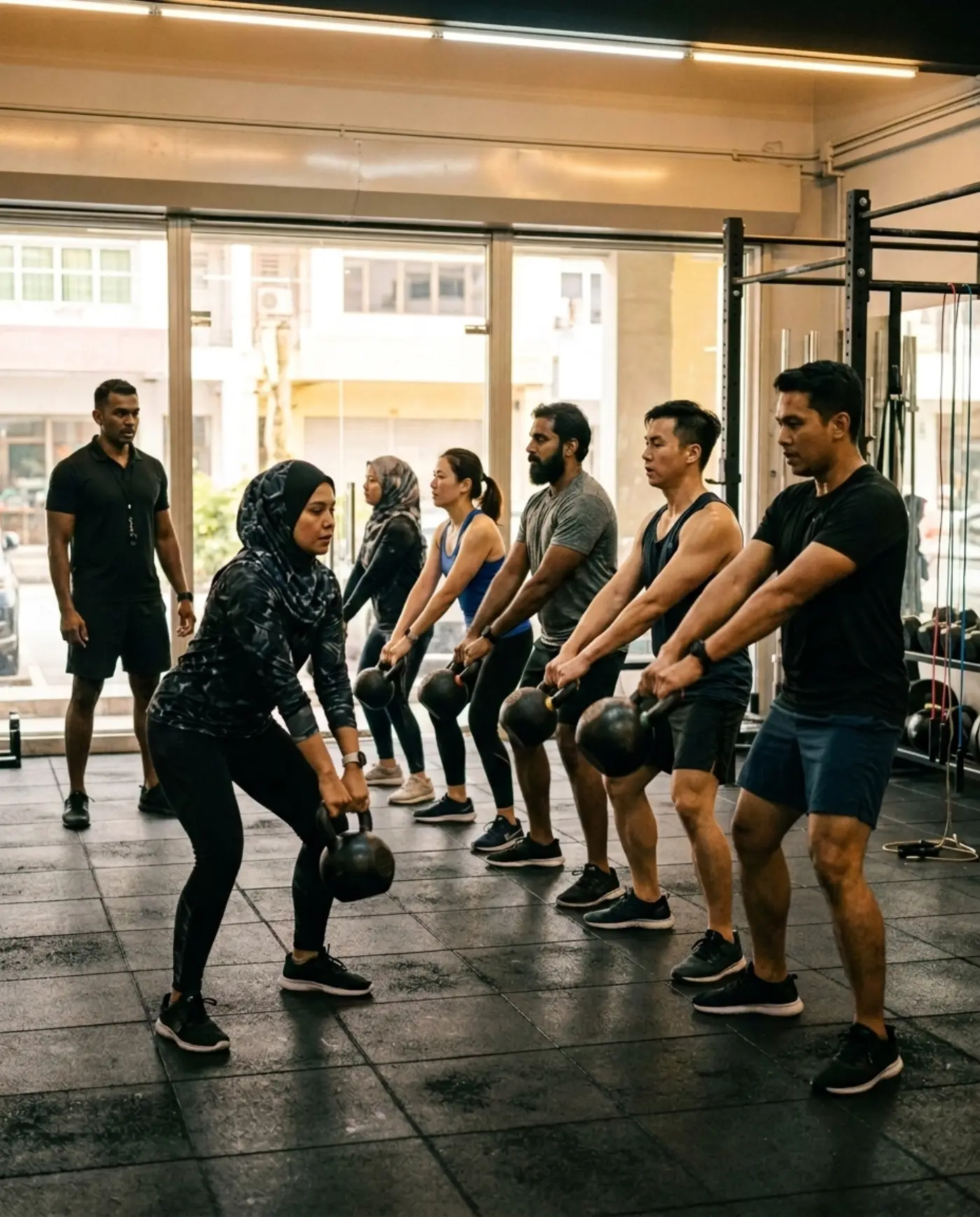 Kelas HIIT melakukan hayunan kettlebell dalam satu barisan sambil diperhati jurulatih
