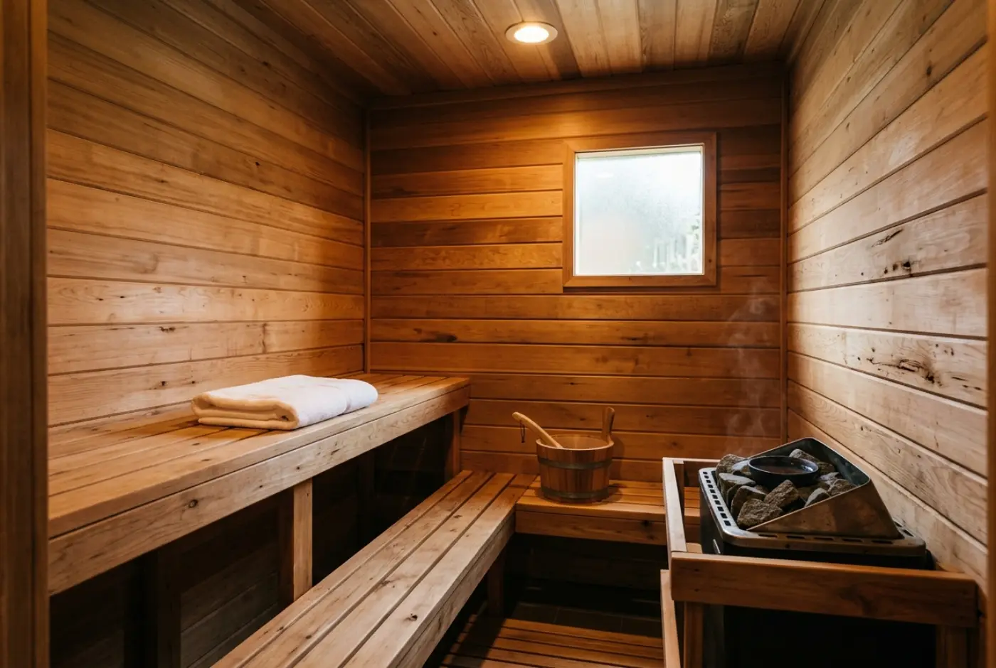 Sauna kering berdinding kayu cedar dengan tuala berlipat di atas bangku