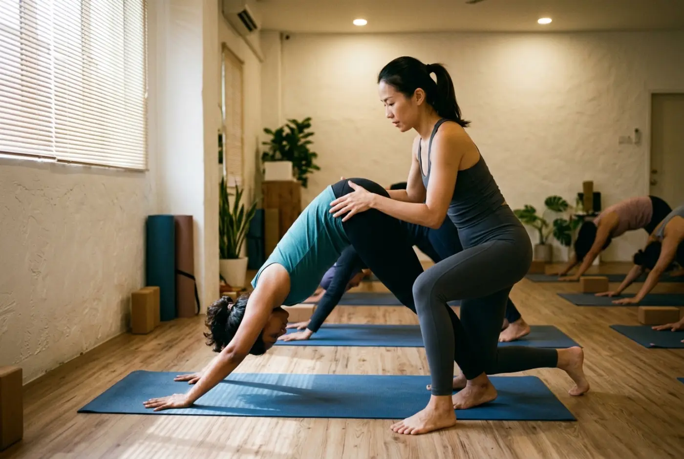 Rachel Tan membetulkan posisi seorang peserta dalam kelas yoga